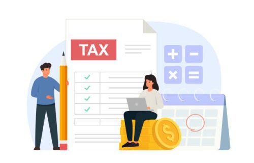 Tax declaration concept. Characters preparing documents for income tax return. Filling financial tax report.